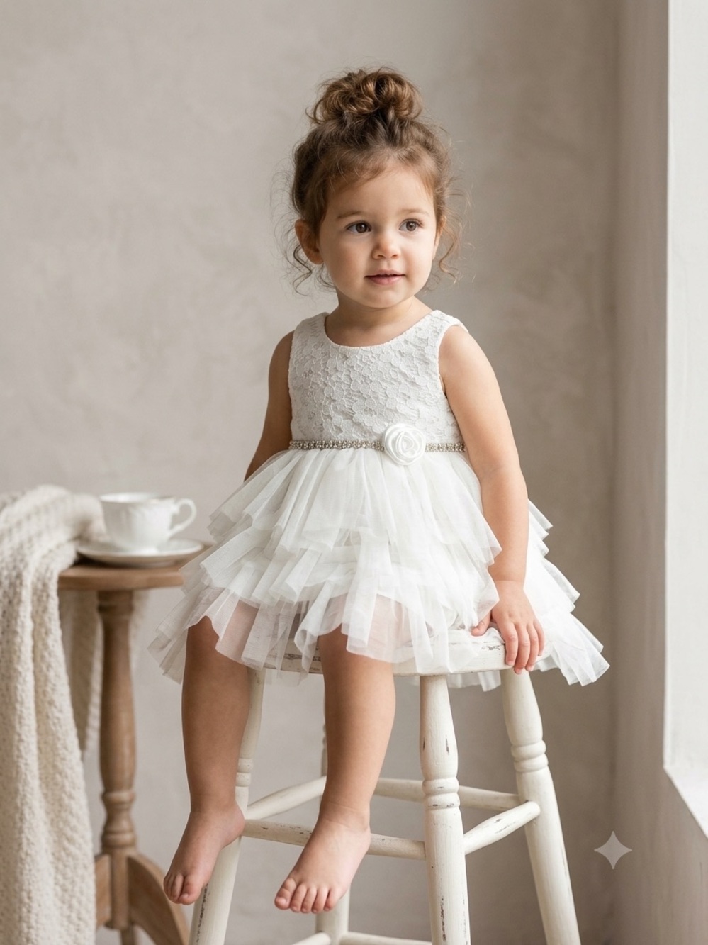 American Princess White Lace & Tulle Tiered Dress - 18M